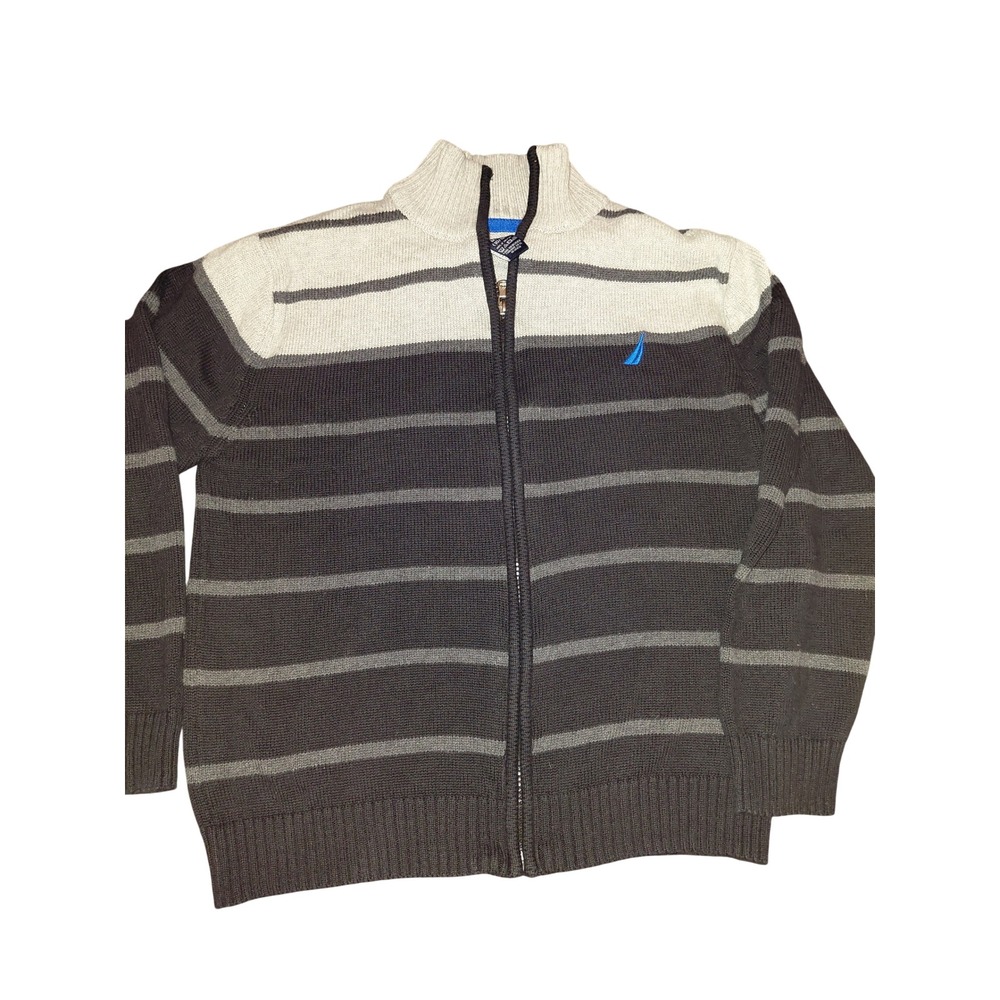 Nautica Boys Striped Full Zip Cotton Sweater Mock Neck Grey Navy Size M 10/12